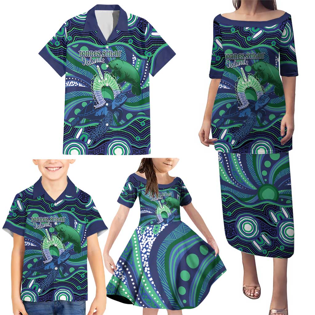 Personalised Torres Strait Islander Flag Day Family Matching Puletasi and Hawaiian Shirt Dhari Australia Dugong Turtle Aboriginal Art