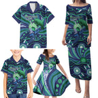Personalised Torres Strait Islander Flag Day Family Matching Puletasi and Hawaiian Shirt Dhari Australia Dugong Turtle Aboriginal Art