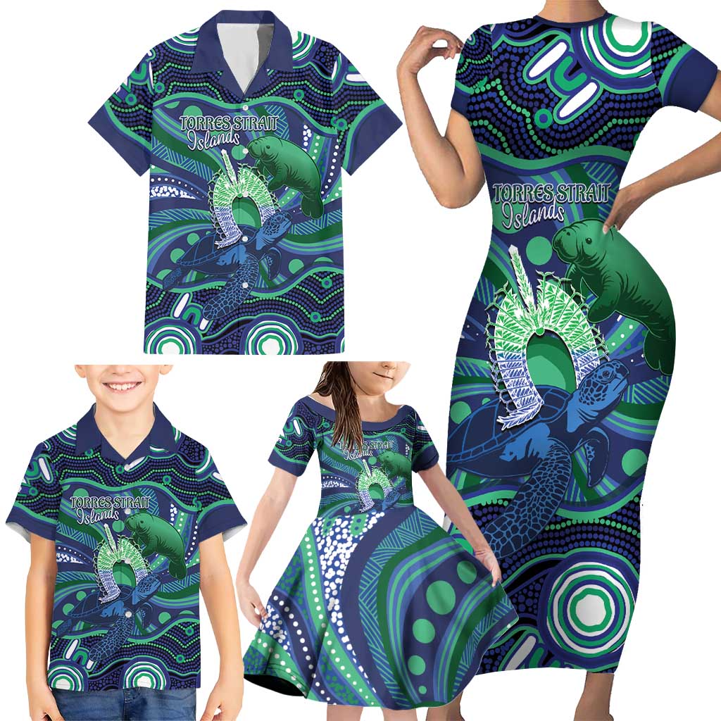 Personalised Torres Strait Islander Flag Day Family Matching Short Sleeve Bodycon Dress and Hawaiian Shirt Dhari Australia Dugong Turtle Aboriginal Art