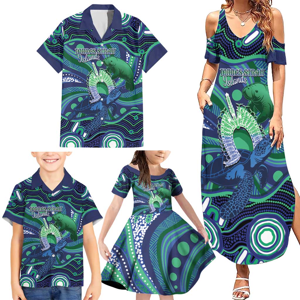 Personalised Torres Strait Islander Flag Day Family Matching Summer Maxi Dress and Hawaiian Shirt Dhari Australia Dugong Turtle Aboriginal Art