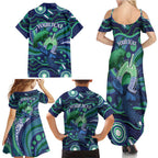 Personalised Torres Strait Islander Flag Day Family Matching Summer Maxi Dress and Hawaiian Shirt Dhari Australia Dugong Turtle Aboriginal Art