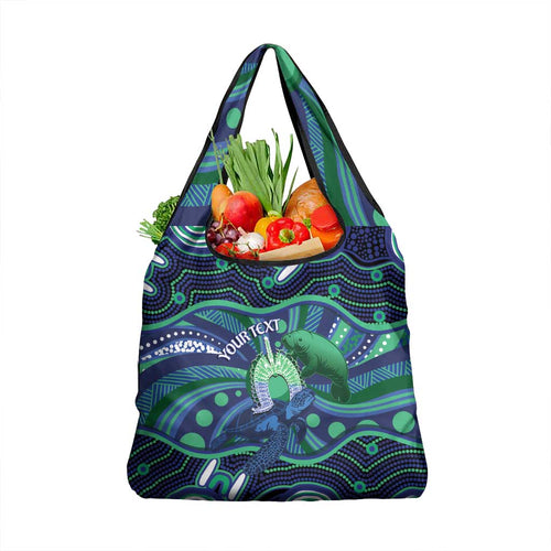 Personalised Torres Strait Islander Flag Day Grocery Bag Dhari Australia Dugong Turtle Aboriginal Art