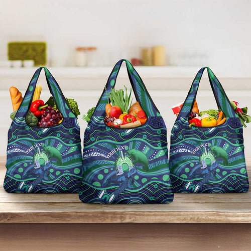 Personalised Torres Strait Islander Flag Day Grocery Bag Dhari Australia Dugong Turtle Aboriginal Art