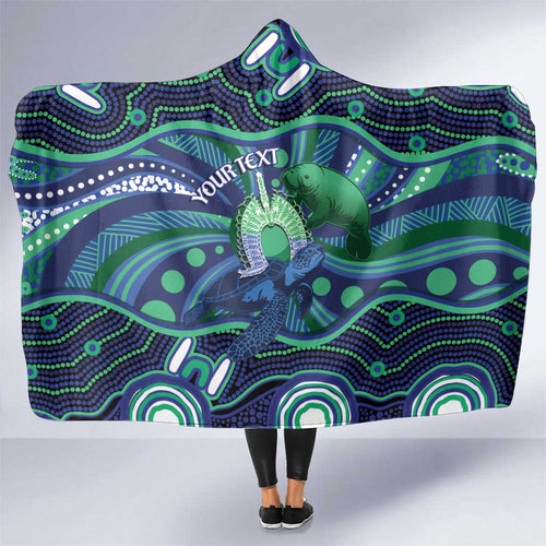 Personalised Torres Strait Islander Flag Day Hooded Blanket Dhari Australia Dugong Turtle Aboriginal Art
