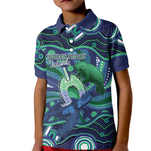 Personalised Torres Strait Islander Flag Day Kid Polo Shirt Dhari Australia Dugong Turtle Aboriginal Art