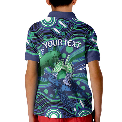 Personalised Torres Strait Islander Flag Day Kid Polo Shirt Dhari Australia Dugong Turtle Aboriginal Art