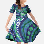 Personalised Torres Strait Islander Flag Day Kid Short Sleeve Dress Dhari Australia Dugong Turtle Aboriginal Art