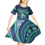 Personalised Torres Strait Islander Flag Day Kid Short Sleeve Dress Dhari Australia Dugong Turtle Aboriginal Art