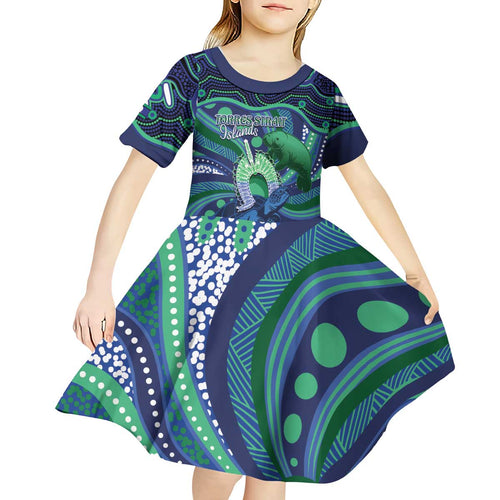 Personalised Torres Strait Islander Flag Day Kid Short Sleeve Dress Dhari Australia Dugong Turtle Aboriginal Art