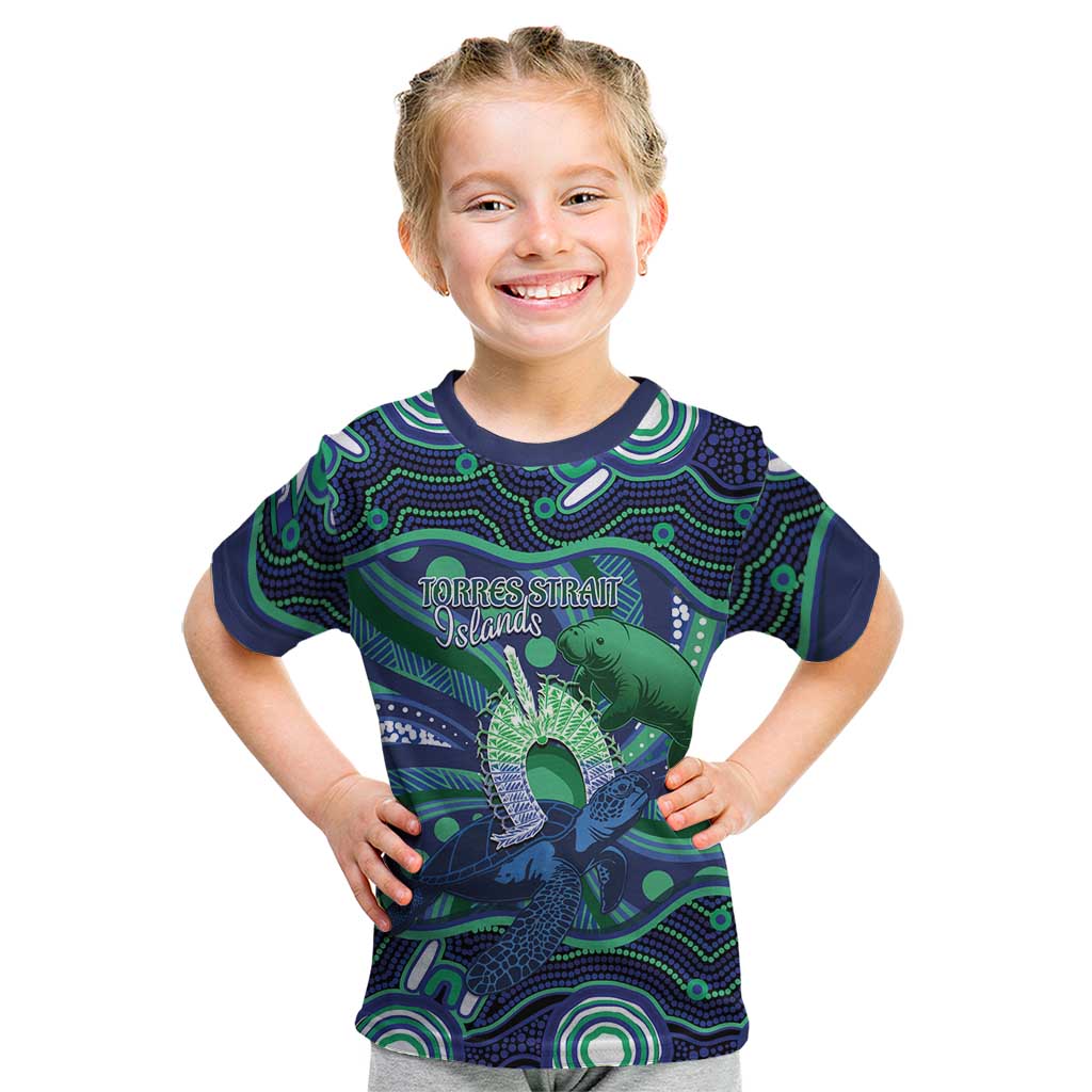 Personalised Torres Strait Islander Flag Day Kid T Shirt Dhari Australia Dugong Turtle Aboriginal Art