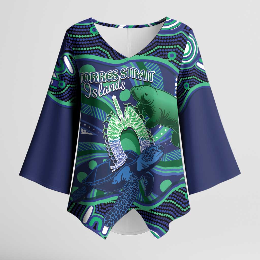 Personalised Torres Strait Islander Flag Day Kimono Sleeve Blouse Dhari Australia Dugong Turtle Aboriginal Art