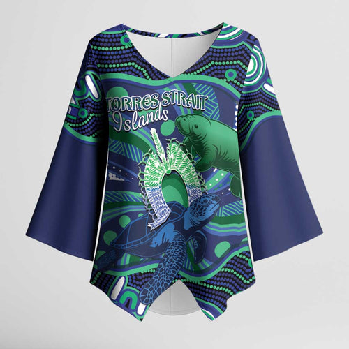 Personalised Torres Strait Islander Flag Day Kimono Sleeve Blouse Dhari Australia Dugong Turtle Aboriginal Art