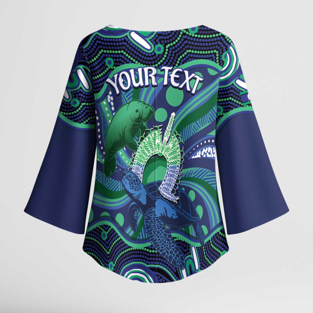 Personalised Torres Strait Islander Flag Day Kimono Sleeve Blouse Dhari Australia Dugong Turtle Aboriginal Art