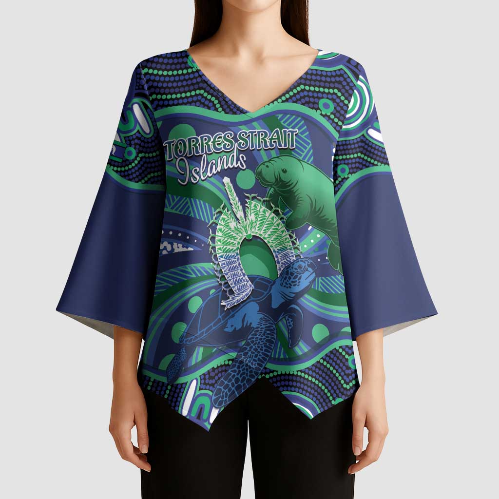Personalised Torres Strait Islander Flag Day Kimono Sleeve Blouse Dhari Australia Dugong Turtle Aboriginal Art