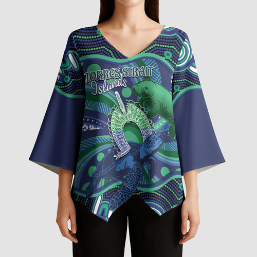 Personalised Torres Strait Islander Flag Day Kimono Sleeve Blouse Dhari Australia Dugong Turtle Aboriginal Art