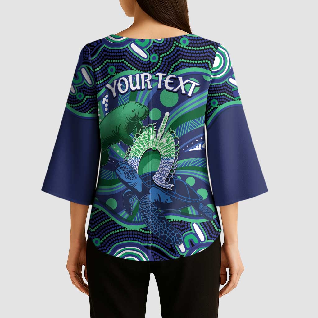 Personalised Torres Strait Islander Flag Day Kimono Sleeve Blouse Dhari Australia Dugong Turtle Aboriginal Art