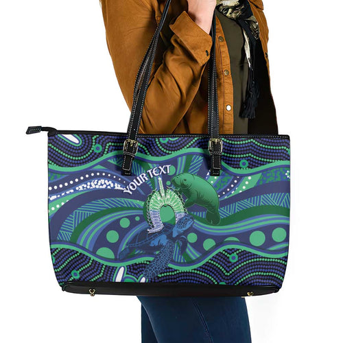 Personalised Torres Strait Islander Flag Day Leather Tote Bag Dhari Australia Dugong Turtle Aboriginal Art