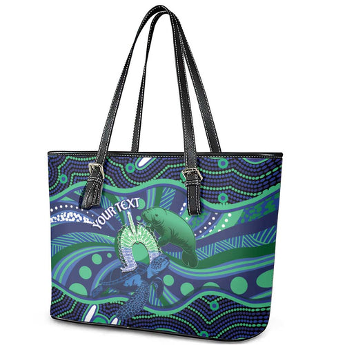 Personalised Torres Strait Islander Flag Day Leather Tote Bag Dhari Australia Dugong Turtle Aboriginal Art