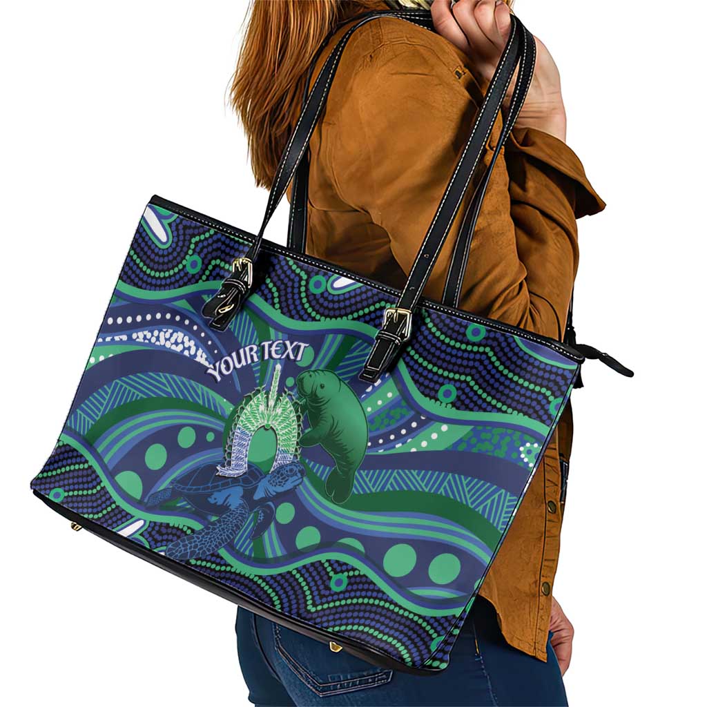 Personalised Torres Strait Islander Flag Day Leather Tote Bag Dhari Australia Dugong Turtle Aboriginal Art