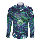 Personalised Torres Strait Islander Flag Day Long Sleeve Button Shirt Dhari Australia Dugong Turtle Aboriginal Art