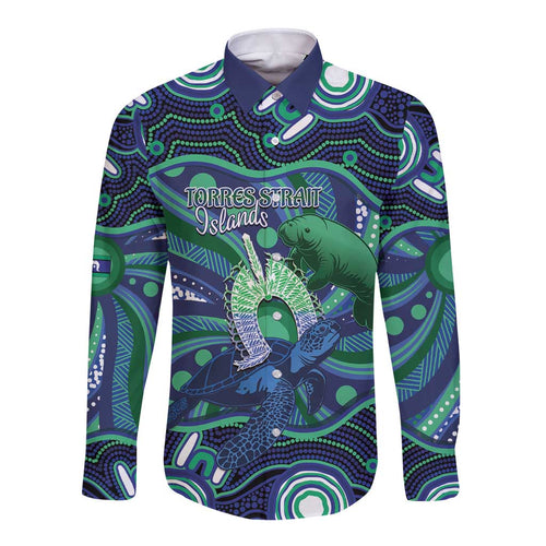 Personalised Torres Strait Islander Flag Day Long Sleeve Button Shirt Dhari Australia Dugong Turtle Aboriginal Art