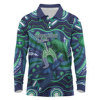 Personalised Torres Strait Islander Flag Day Long Sleeve Polo Shirt Dhari Australia Dugong Turtle Aboriginal Art