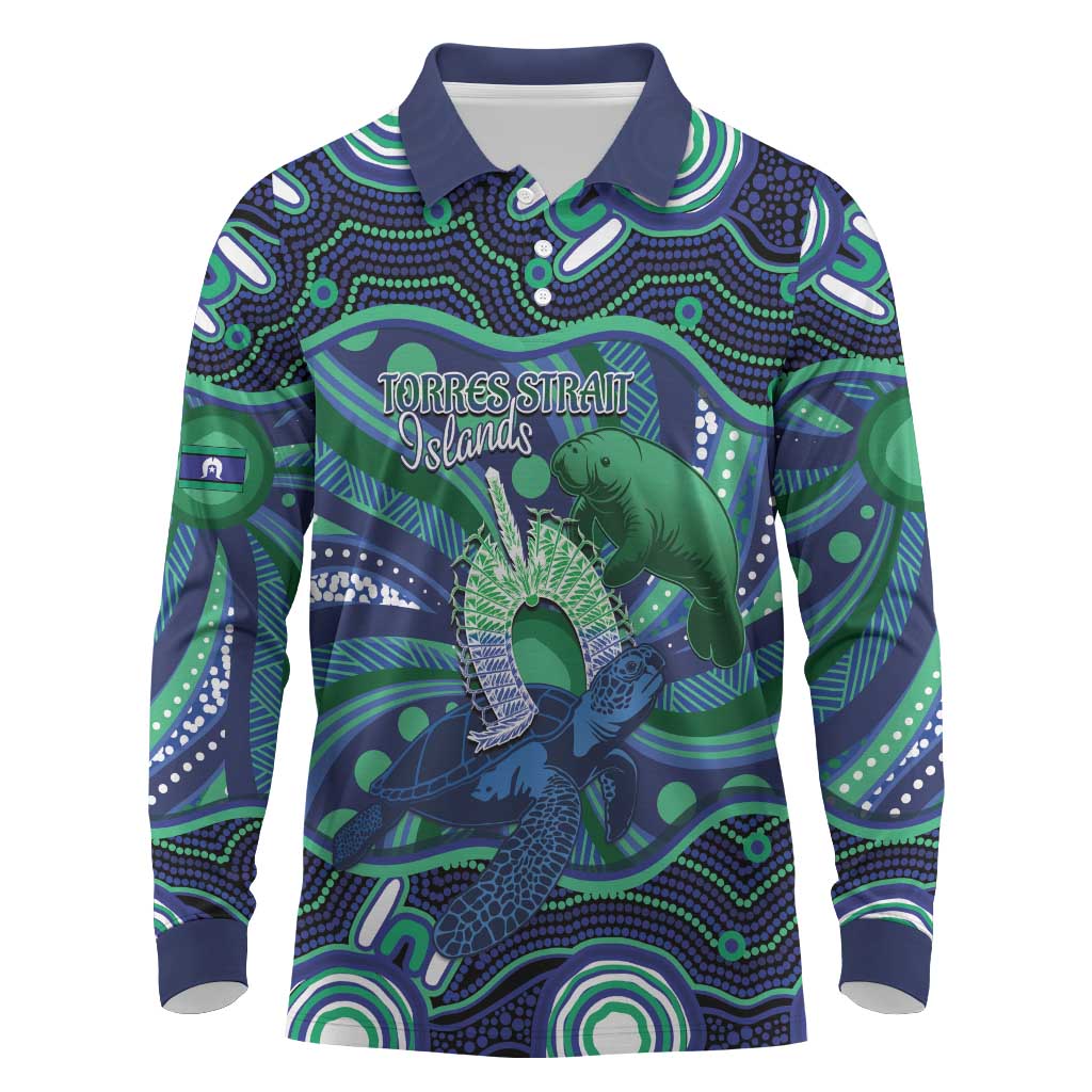 Personalised Torres Strait Islander Flag Day Long Sleeve Polo Shirt Dhari Australia Dugong Turtle Aboriginal Art