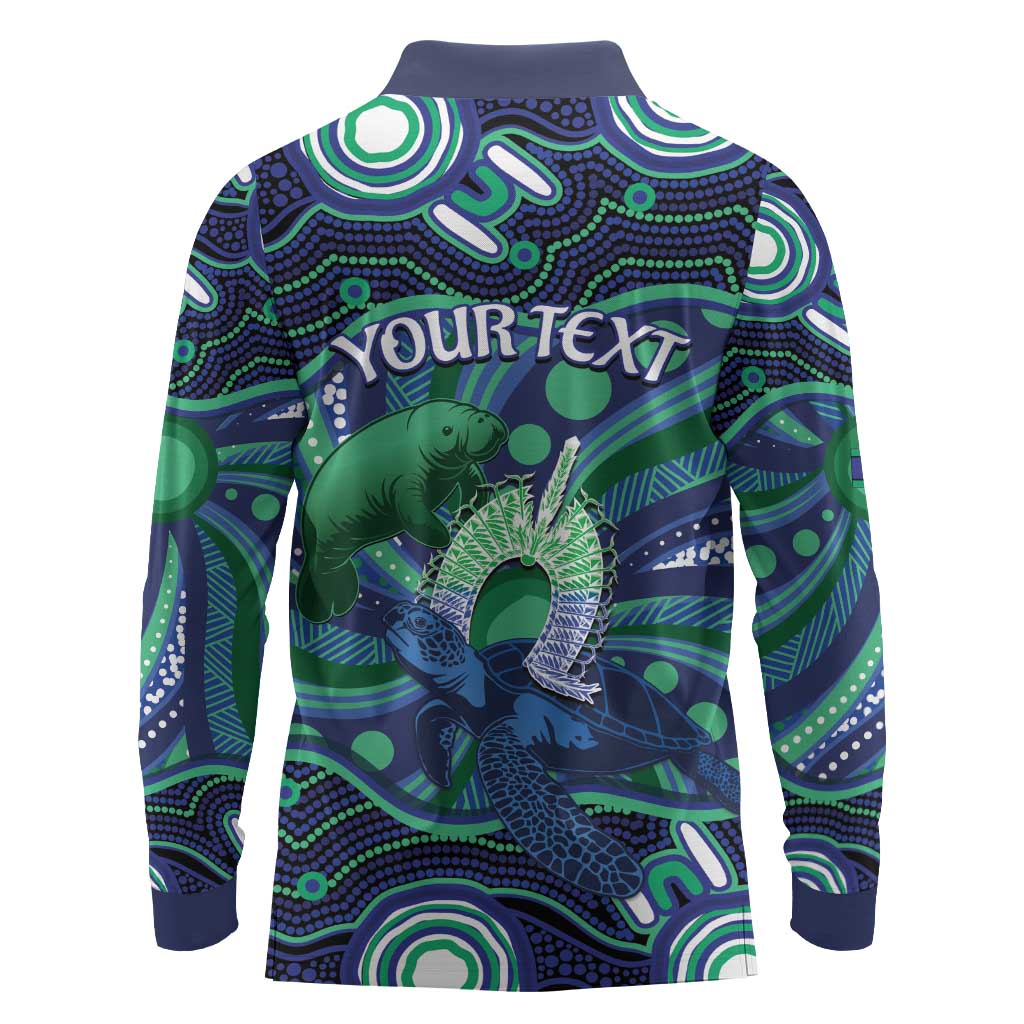 Personalised Torres Strait Islander Flag Day Long Sleeve Polo Shirt Dhari Australia Dugong Turtle Aboriginal Art