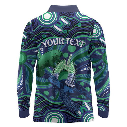 Personalised Torres Strait Islander Flag Day Long Sleeve Polo Shirt Dhari Australia Dugong Turtle Aboriginal Art