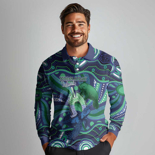 Personalised Torres Strait Islander Flag Day Long Sleeve Polo Shirt Dhari Australia Dugong Turtle Aboriginal Art