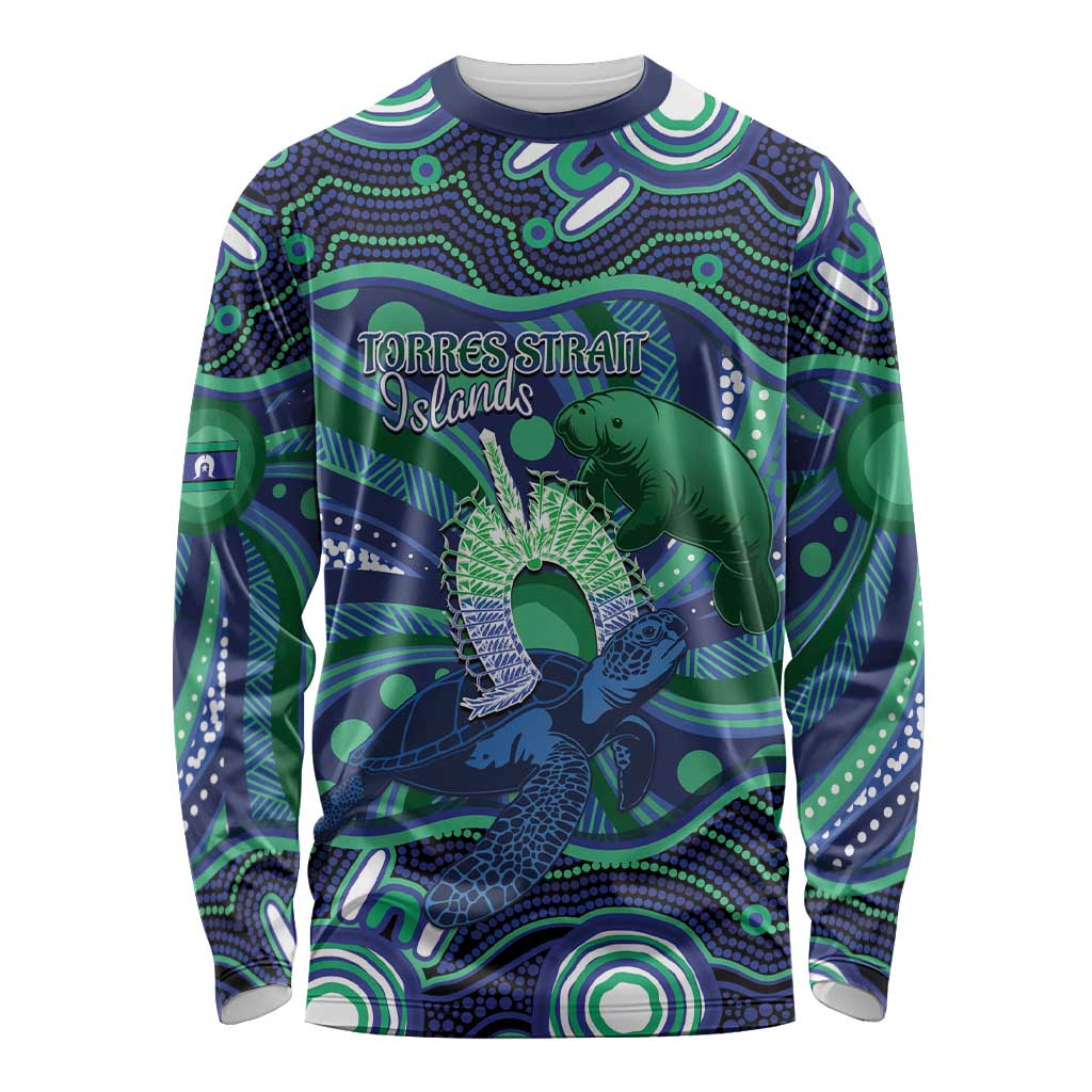Personalised Torres Strait Islander Flag Day Long Sleeve Shirt Dhari Australia Dugong Turtle Aboriginal Art