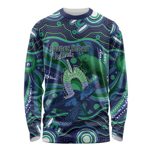 Personalised Torres Strait Islander Flag Day Long Sleeve Shirt Dhari Australia Dugong Turtle Aboriginal Art
