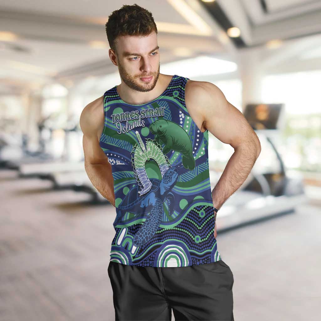 Personalised Torres Strait Islander Flag Day Men Tank Top Dhari Australia Dugong Turtle Aboriginal Art