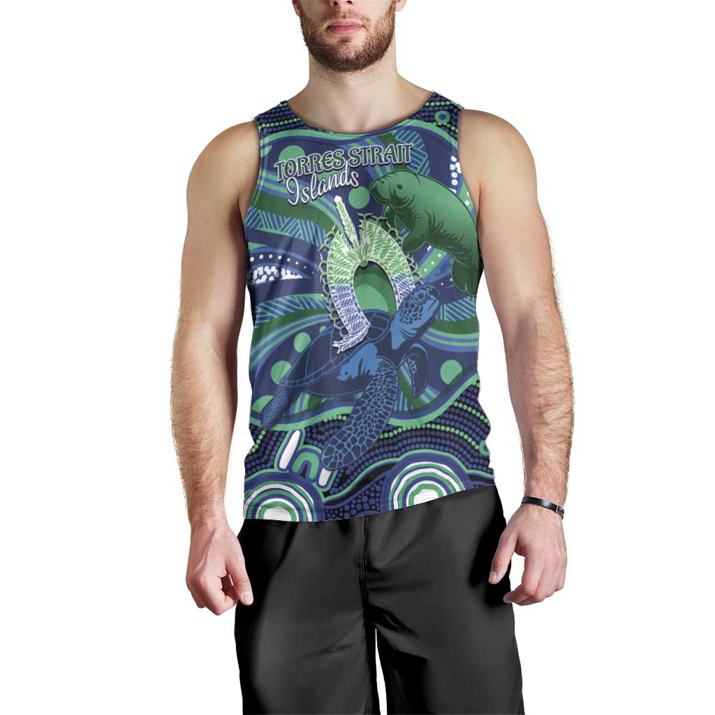 Personalised Torres Strait Islander Flag Day Men Tank Top Dhari Australia Dugong Turtle Aboriginal Art