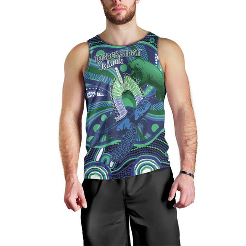 Personalised Torres Strait Islander Flag Day Men Tank Top Dhari Australia Dugong Turtle Aboriginal Art