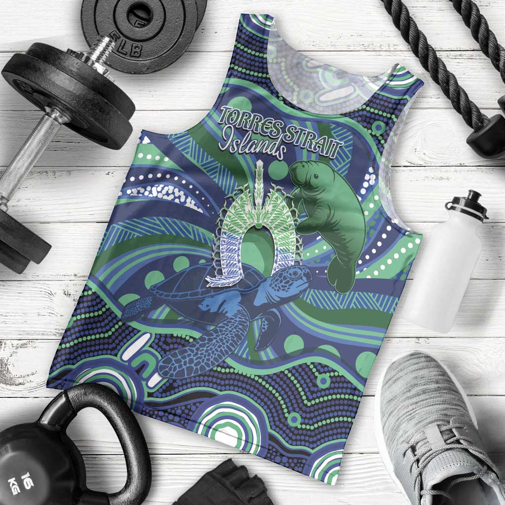 Personalised Torres Strait Islander Flag Day Men Tank Top Dhari Australia Dugong Turtle Aboriginal Art