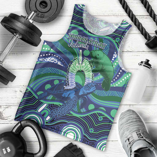 Personalised Torres Strait Islander Flag Day Men Tank Top Dhari Australia Dugong Turtle Aboriginal Art