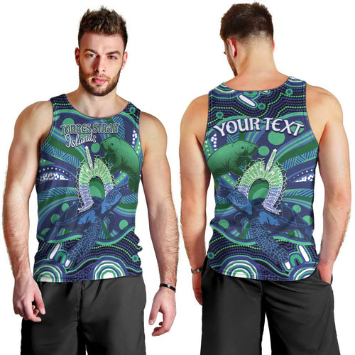 Personalised Torres Strait Islander Flag Day Men Tank Top Dhari Australia Dugong Turtle Aboriginal Art