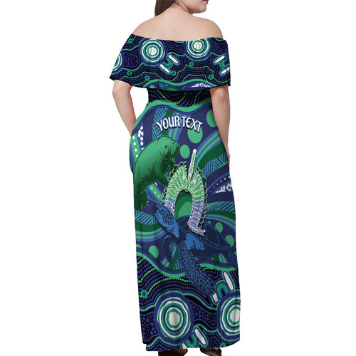 Personalised Torres Strait Islander Flag Day Off Shoulder Maxi Dress Dhari Australia Dugong Turtle Aboriginal Art