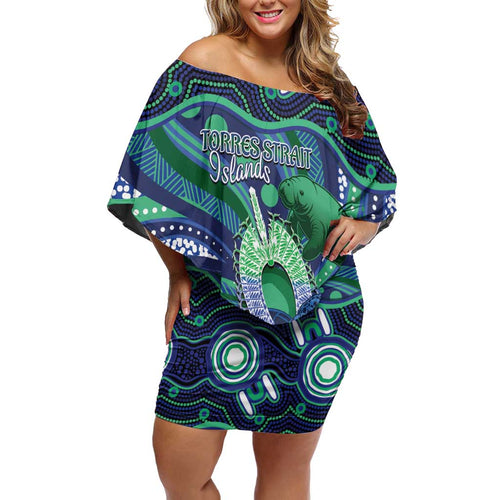 Personalised Torres Strait Islander Flag Day Off Shoulder Short Dress Dhari Australia Dugong Turtle Aboriginal Art