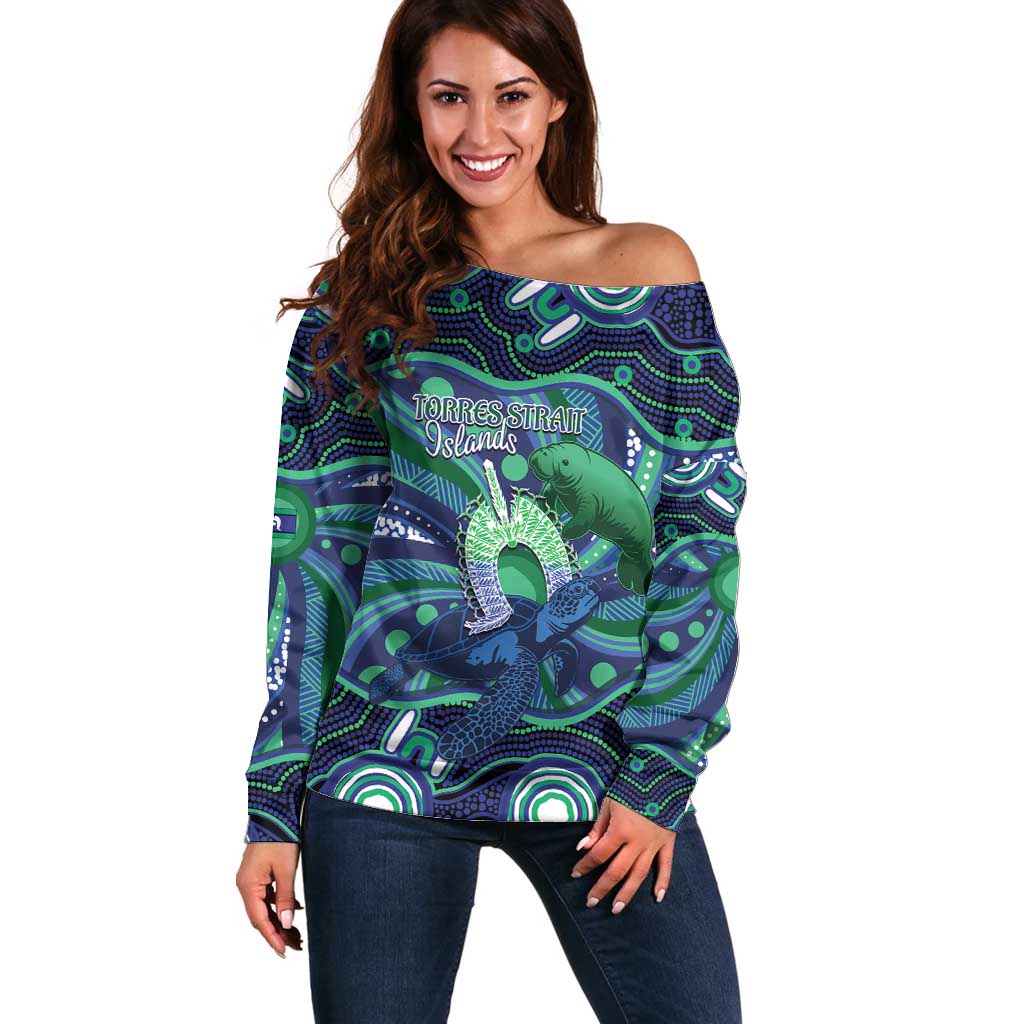 Personalised Torres Strait Islander Flag Day Off Shoulder Sweater Dhari Australia Dugong Turtle Aboriginal Art
