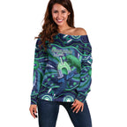 Personalised Torres Strait Islander Flag Day Off Shoulder Sweater Dhari Australia Dugong Turtle Aboriginal Art