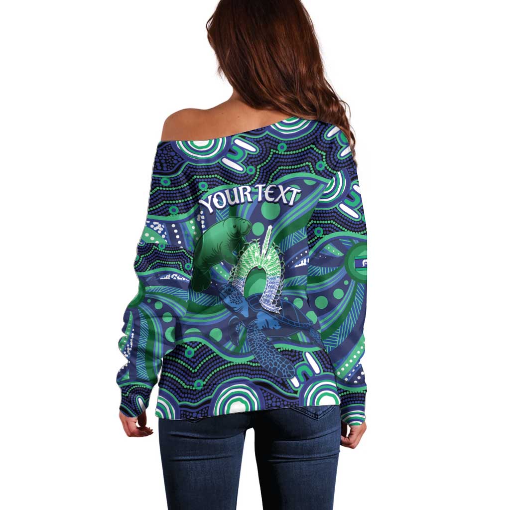 Personalised Torres Strait Islander Flag Day Off Shoulder Sweater Dhari Australia Dugong Turtle Aboriginal Art