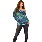 Personalised Torres Strait Islander Flag Day Off Shoulder Sweater Dhari Australia Dugong Turtle Aboriginal Art