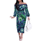 Personalised Torres Strait Islander Flag Day Off The Shoulder Long Sleeve Dress Dhari Australia Dugong Turtle Aboriginal Art