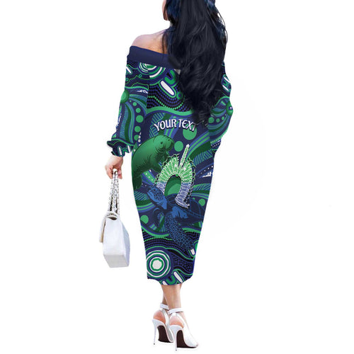 Personalised Torres Strait Islander Flag Day Off The Shoulder Long Sleeve Dress Dhari Australia Dugong Turtle Aboriginal Art