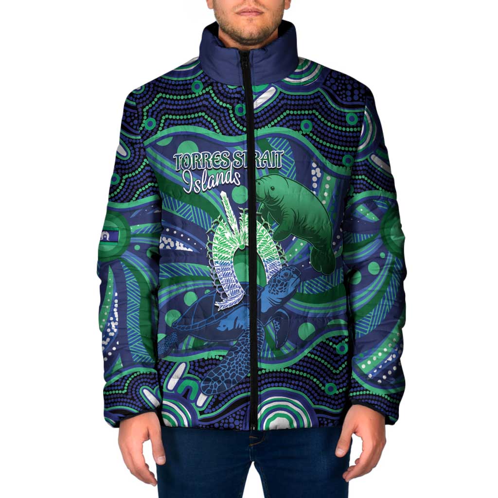 Personalised Torres Strait Islander Flag Day Padded Jacket Dhari Australia Dugong Turtle Aboriginal Art