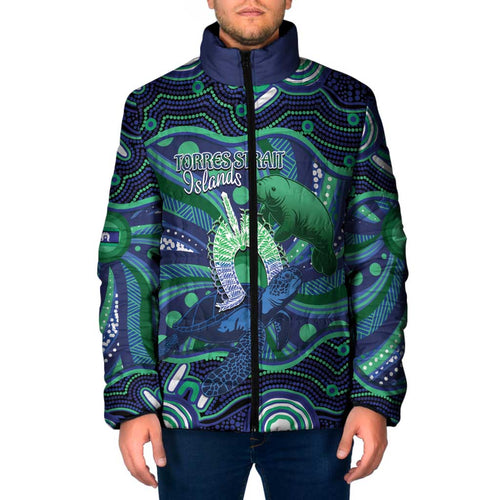 Personalised Torres Strait Islander Flag Day Padded Jacket Dhari Australia Dugong Turtle Aboriginal Art