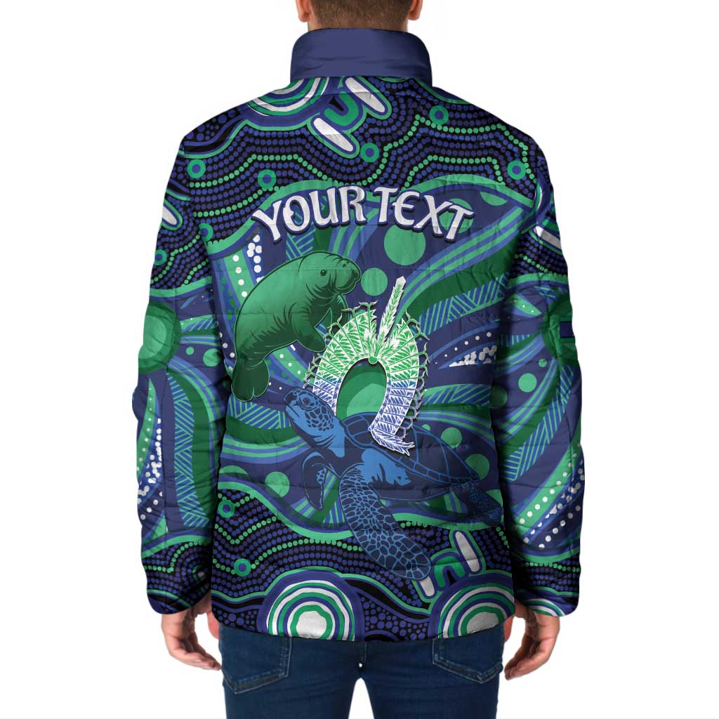 Personalised Torres Strait Islander Flag Day Padded Jacket Dhari Australia Dugong Turtle Aboriginal Art