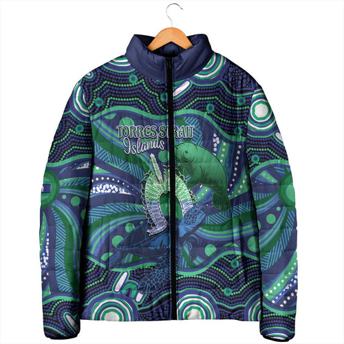 Personalised Torres Strait Islander Flag Day Padded Jacket Dhari Australia Dugong Turtle Aboriginal Art